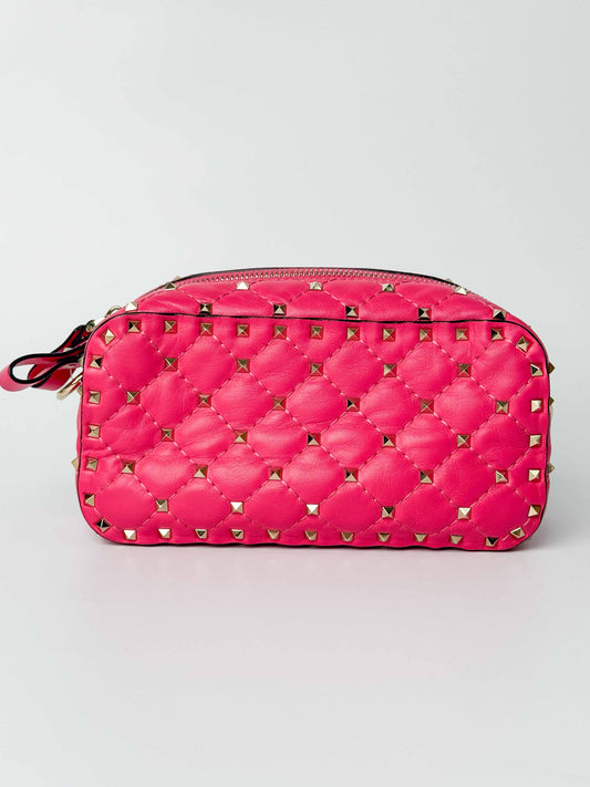 (A123) Valentino Pink Nappa Rockstud Spike Camera Bag, Champagne Gold Hardware