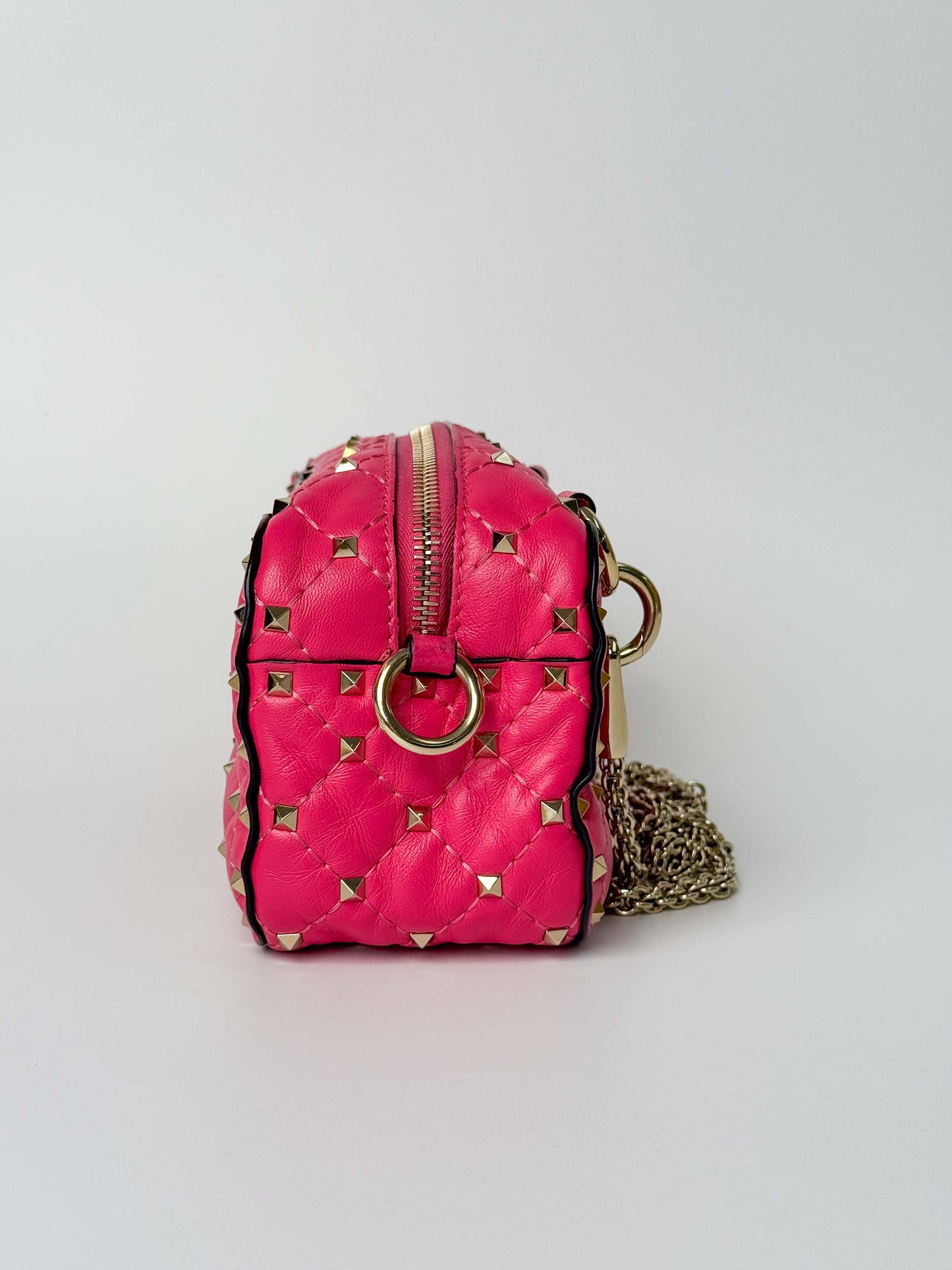 (A123) Valentino Pink Nappa Rockstud Spike Camera Bag, Champagne Gold Hardware