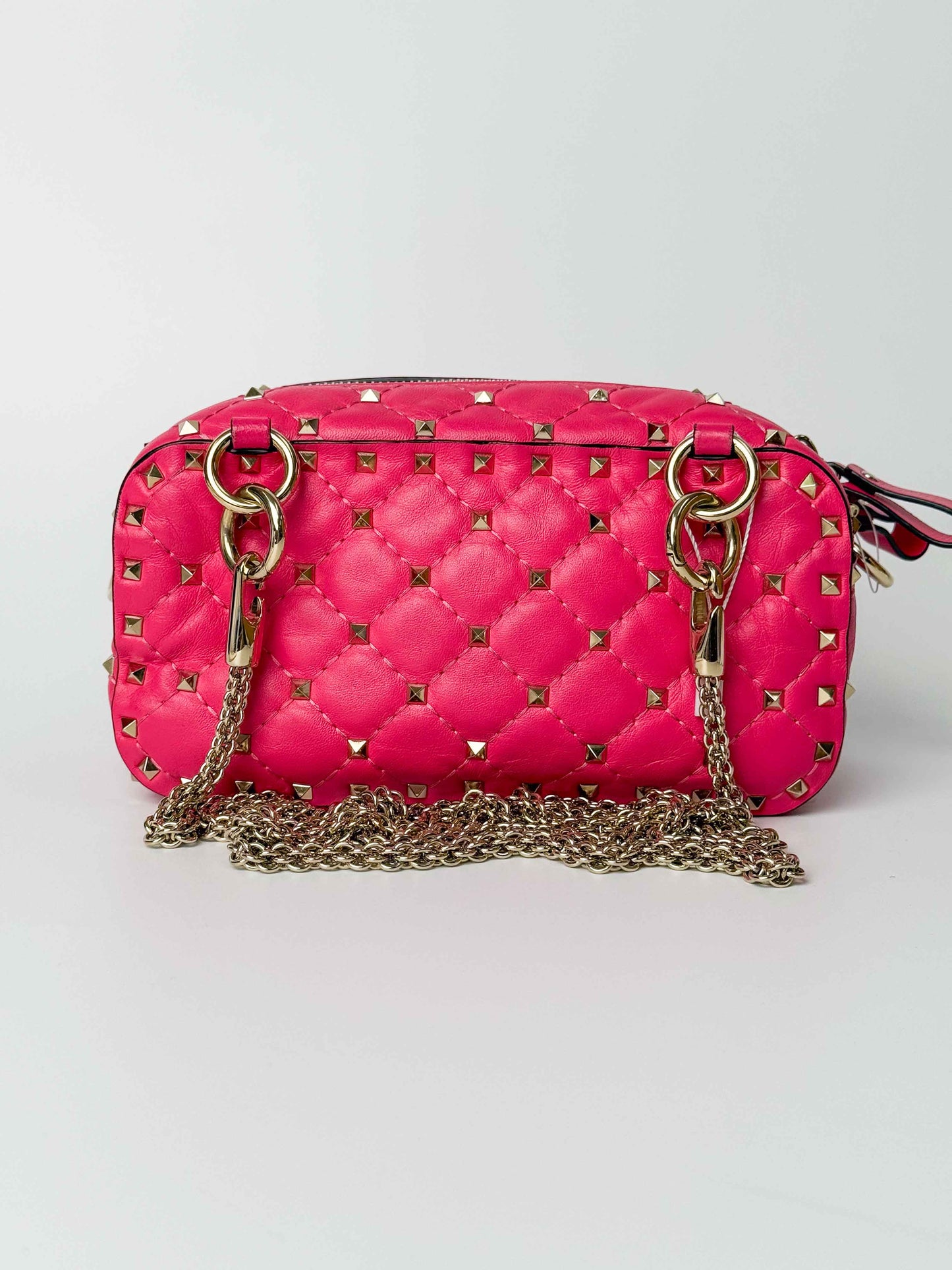 (A123) Valentino Pink Nappa Rockstud Spike Camera Bag, Champagne Gold Hardware