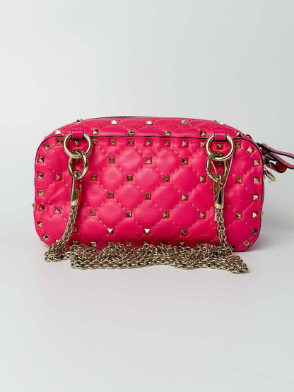 (A123) Valentino Pink Nappa Rockstud Spike Camera Bag, Champagne Gold Hardware