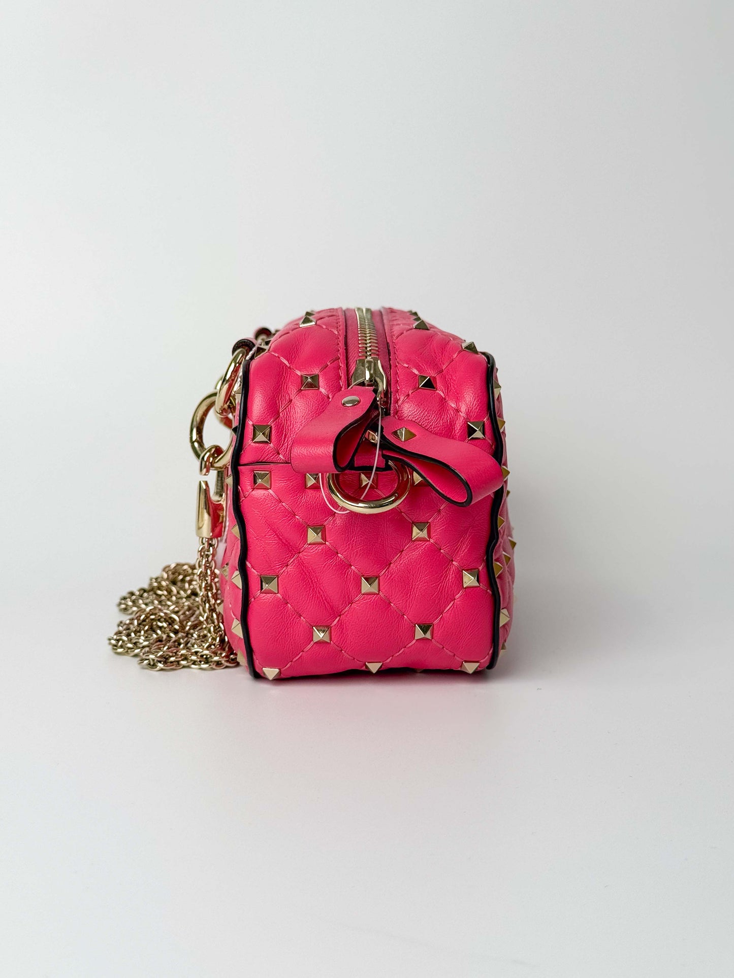 (A123) Valentino Pink Nappa Rockstud Spike Camera Bag, Champagne Gold Hardware