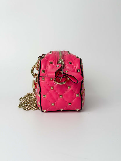 (A123) Valentino Pink Nappa Rockstud Spike Camera Bag, Champagne Gold Hardware