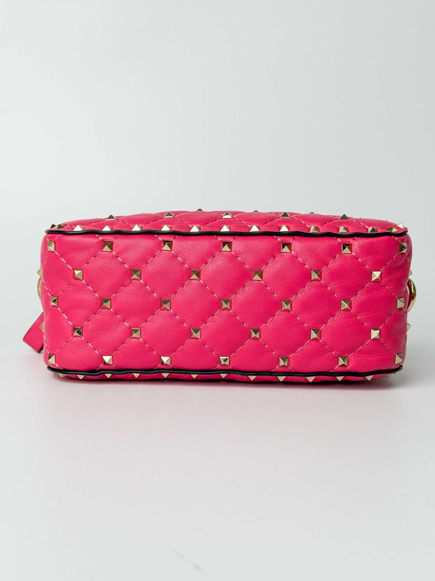 (A123) Valentino Pink Nappa Rockstud Spike Camera Bag, Champagne Gold Hardware