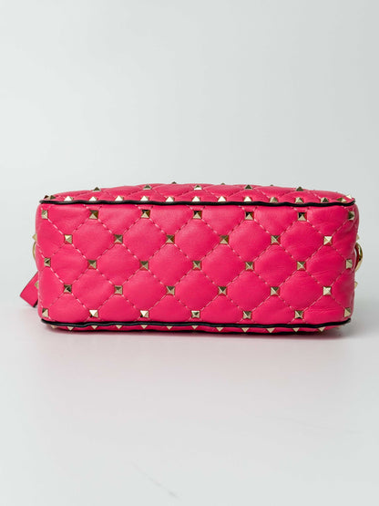 (A123) Valentino Pink Nappa Rockstud Spike Camera Bag, Champagne Gold Hardware