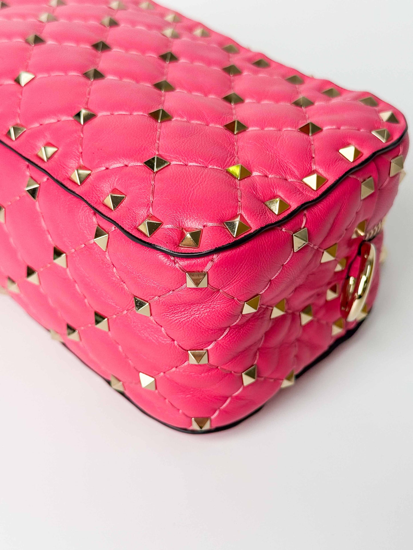 (A123) Valentino Pink Nappa Rockstud Spike Camera Bag, Champagne Gold Hardware