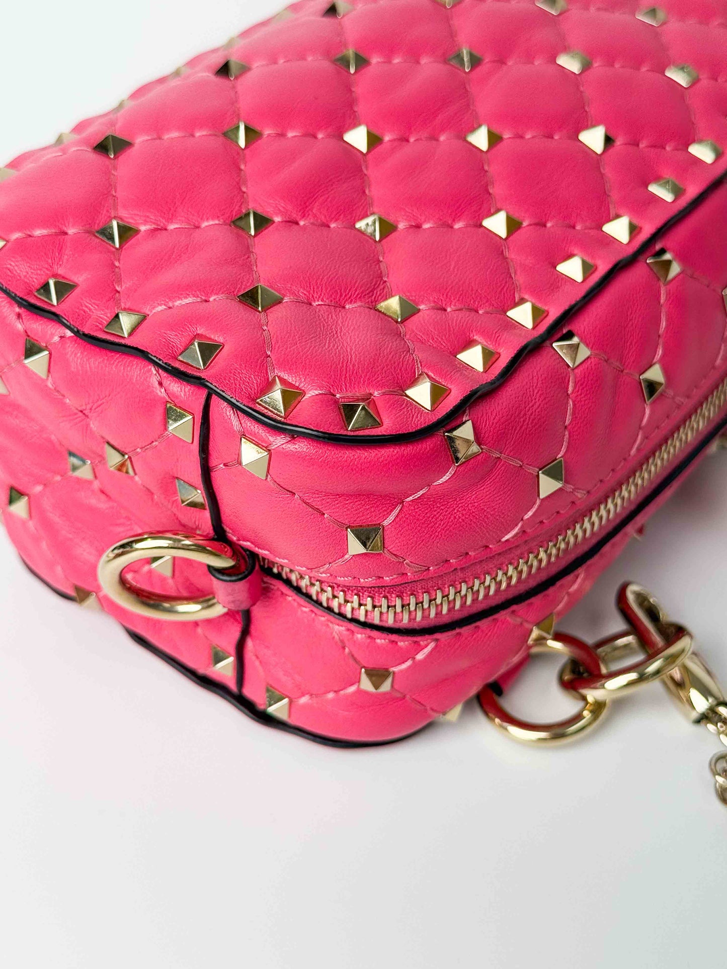 (A123) Valentino Pink Nappa Rockstud Spike Camera Bag, Champagne Gold Hardware