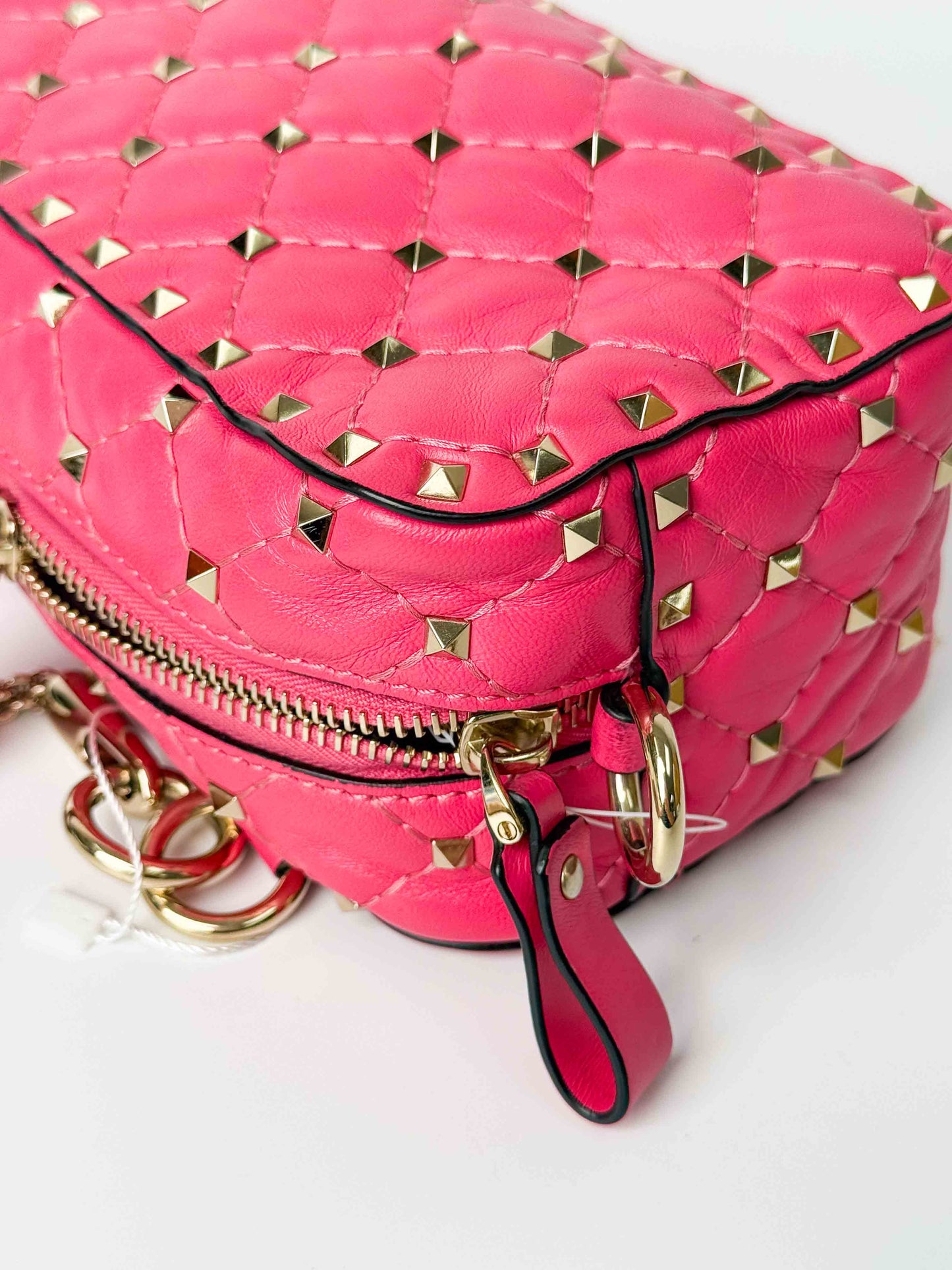 (A123) Valentino Pink Nappa Rockstud Spike Camera Bag, Champagne Gold Hardware