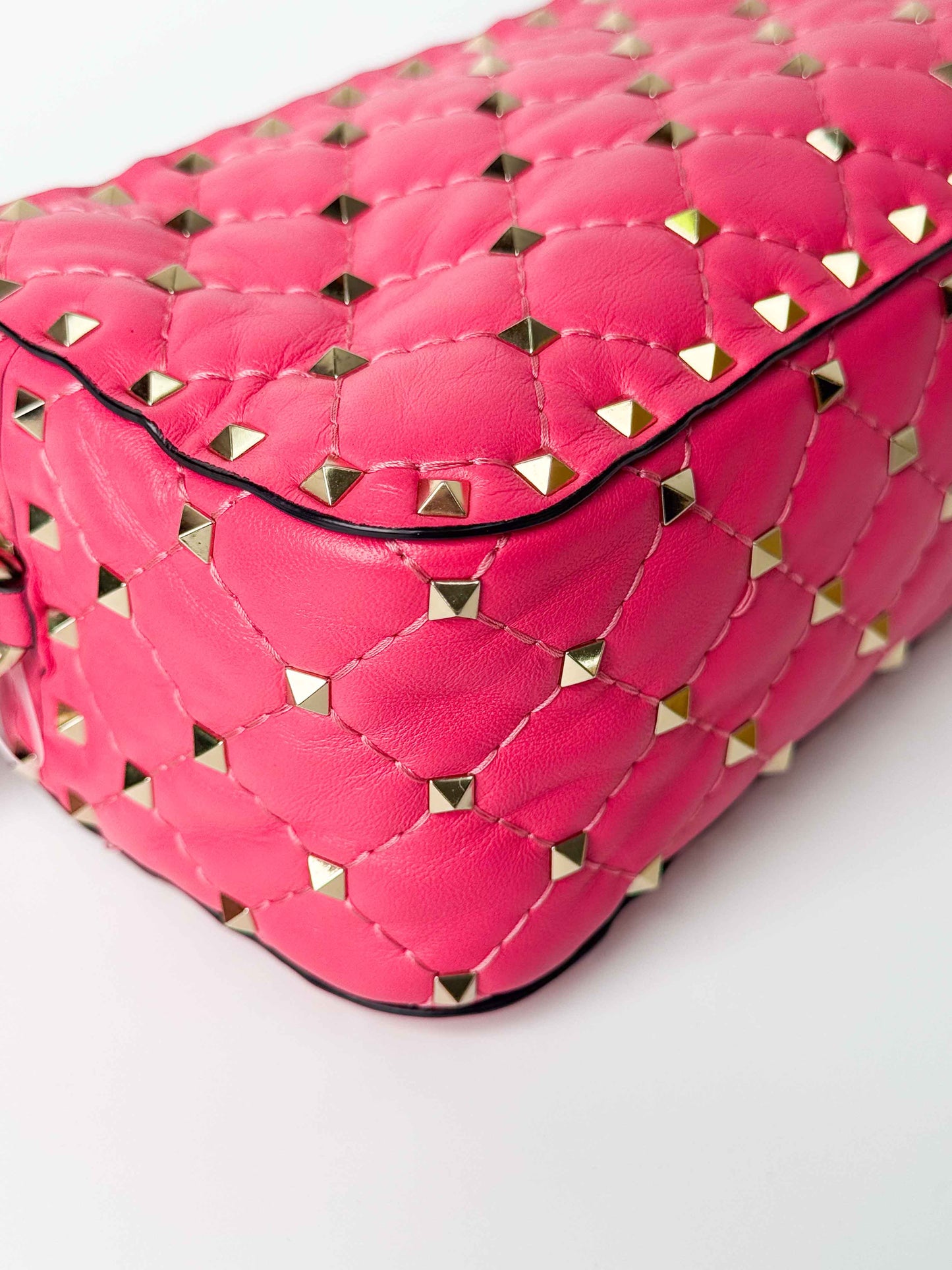 (A123) Valentino Pink Nappa Rockstud Spike Camera Bag, Champagne Gold Hardware