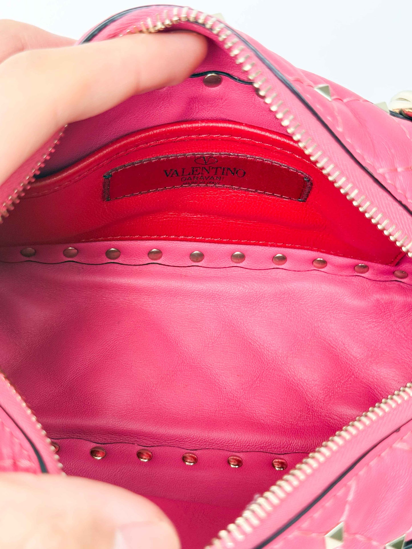 (A123) Valentino Pink Nappa Rockstud Spike Camera Bag, Champagne Gold Hardware