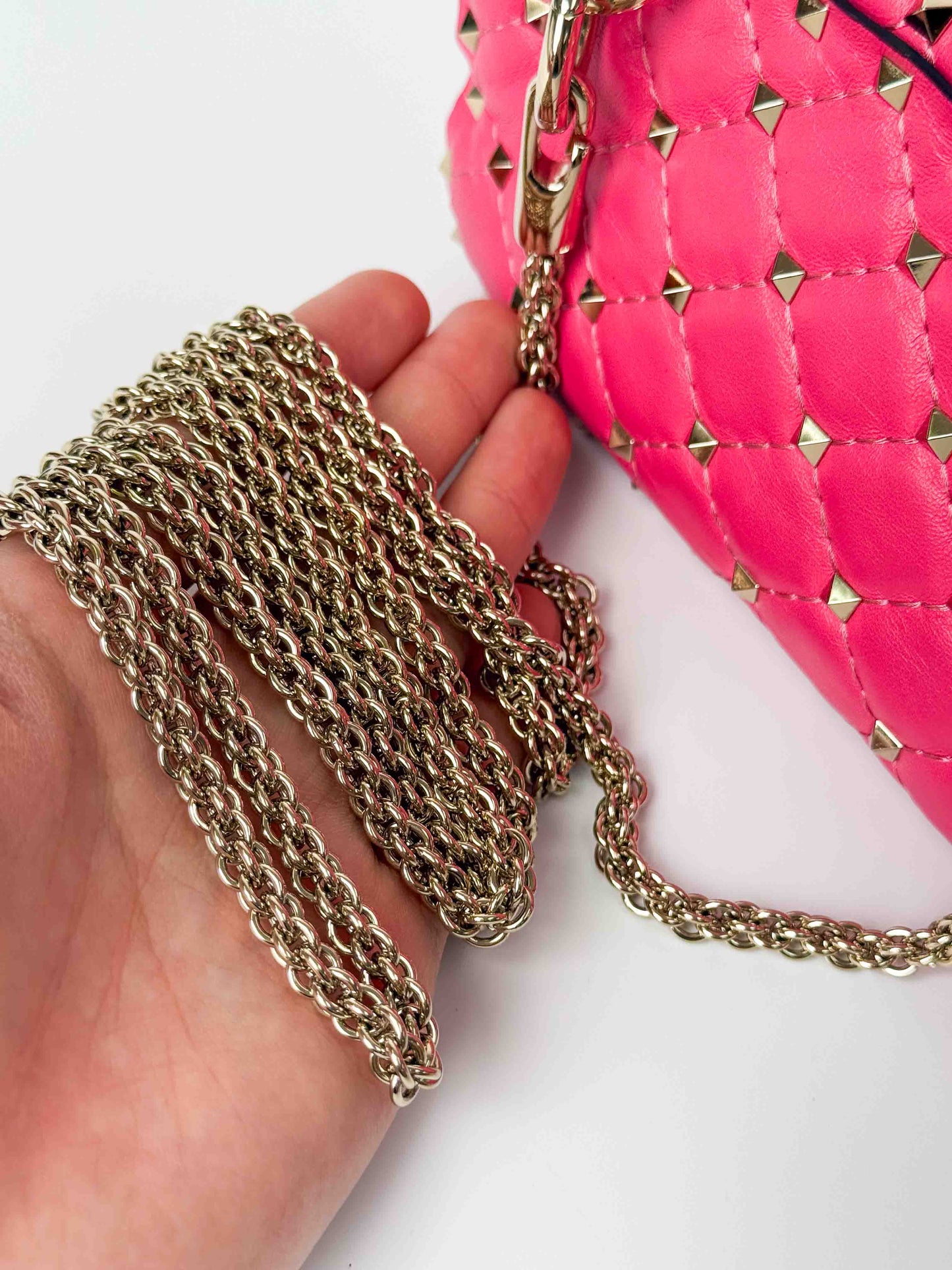 (A123) Valentino Pink Nappa Rockstud Spike Camera Bag, Champagne Gold Hardware