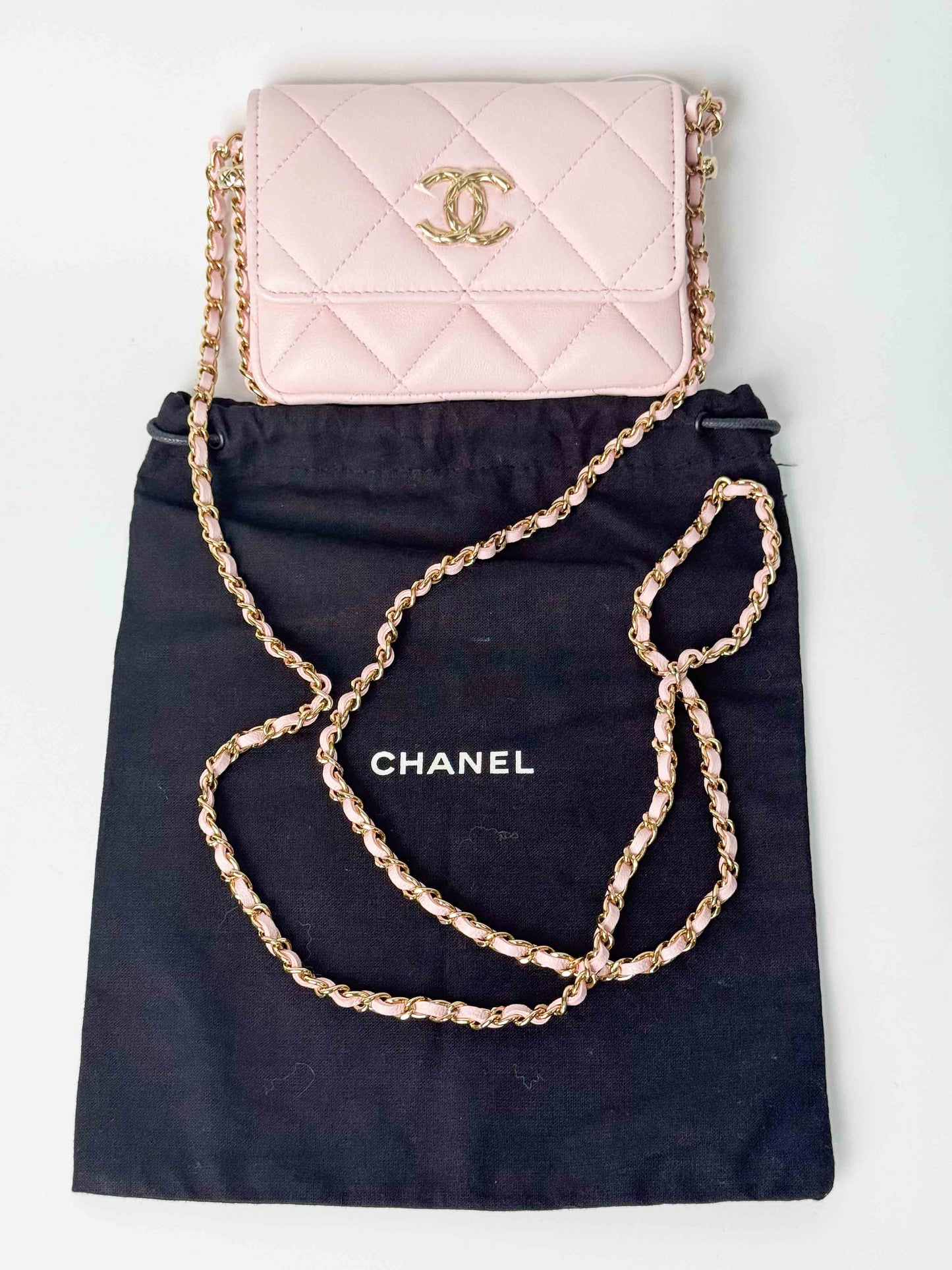 (A122) Chanel Light Pink Calf Leather Wallet with Chain, Champagne Gold Hardware