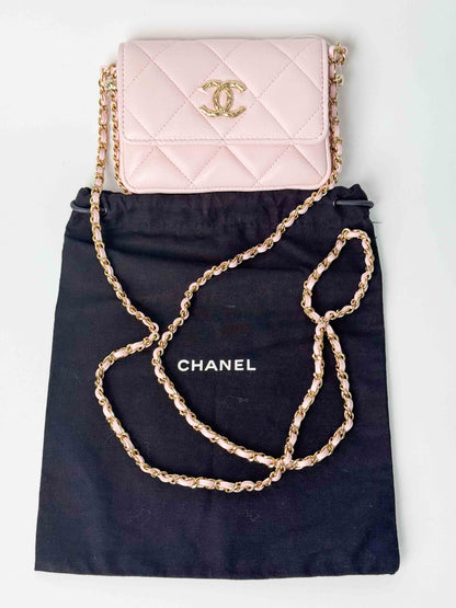 (A122) Chanel Light Pink Calf Leather Wallet with Chain, Champagne Gold Hardware