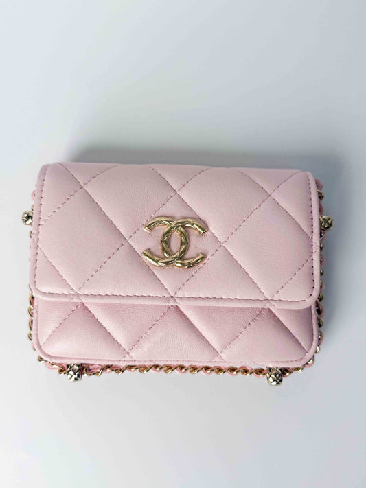 (A122) Chanel Light Pink Calf Leather Wallet with Chain, Champagne Gold Hardware