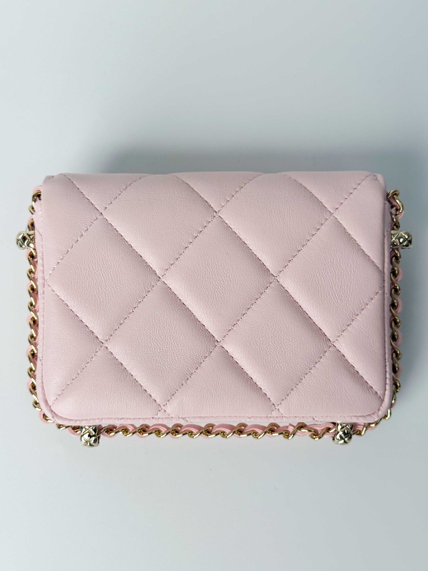 (A122) Chanel Light Pink Calf Leather Wallet with Chain, Champagne Gold Hardware
