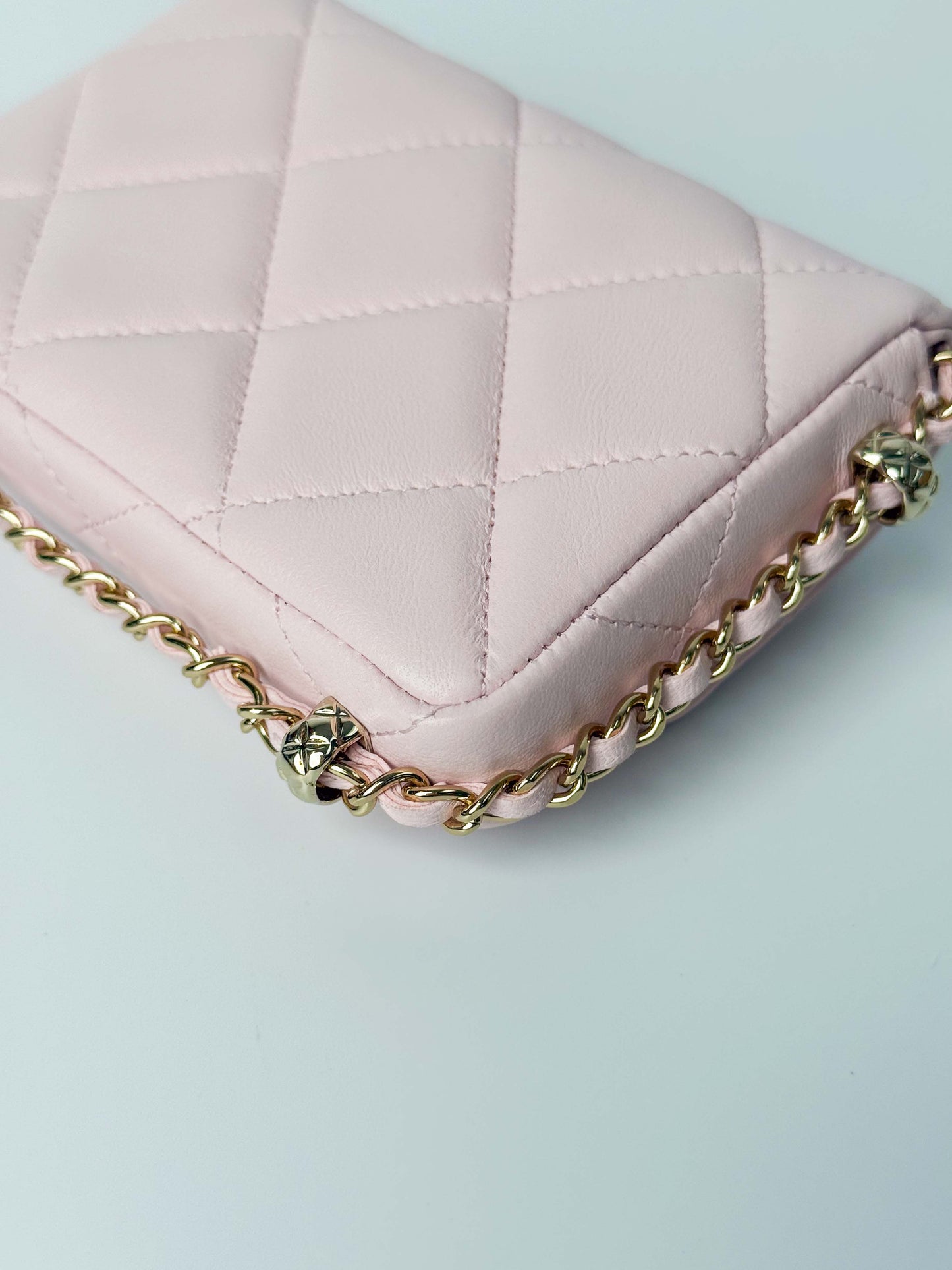 (A122) Chanel Light Pink Calf Leather Wallet with Chain, Champagne Gold Hardware