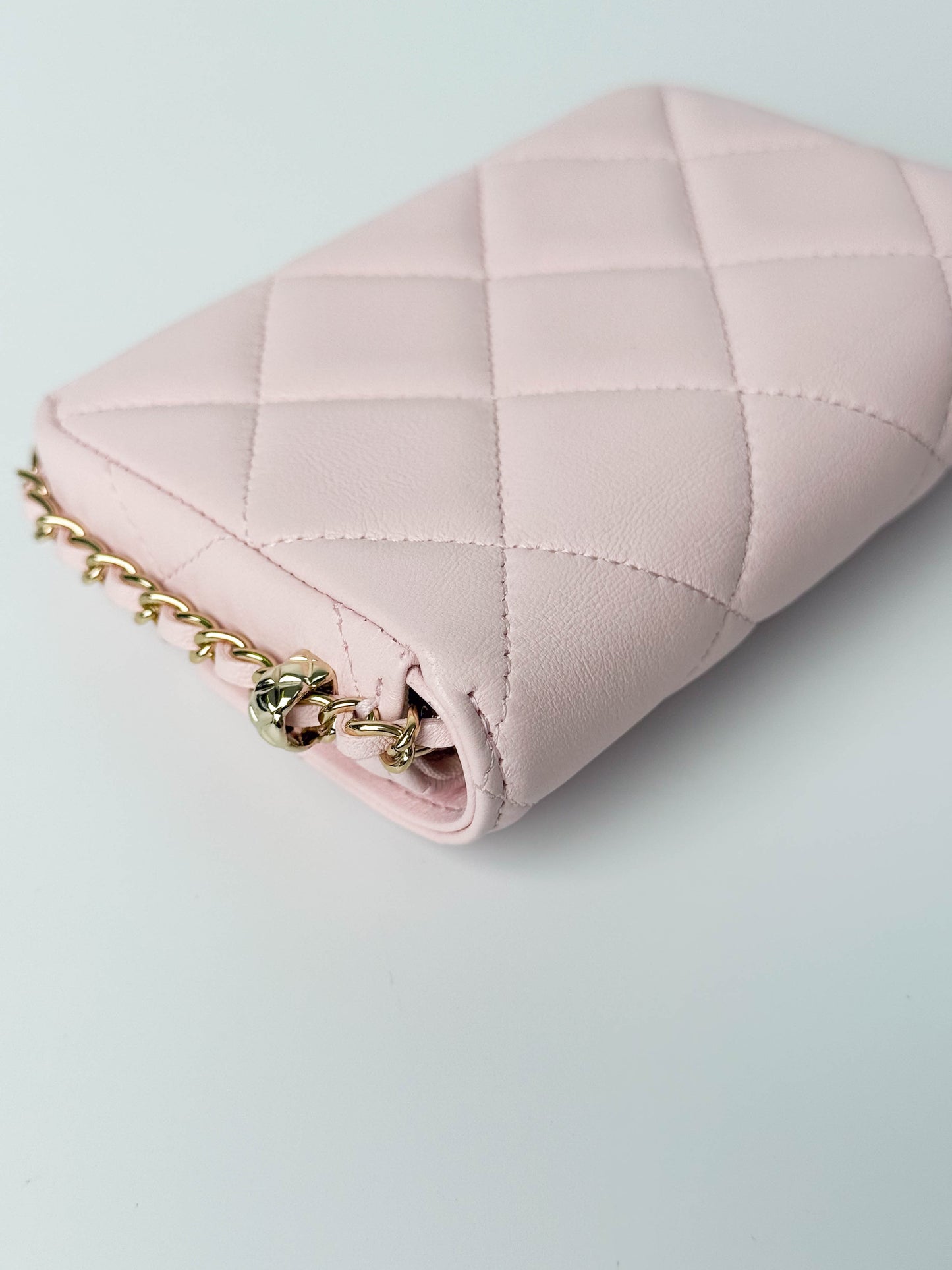 (A122) Chanel Light Pink Calf Leather Wallet with Chain, Champagne Gold Hardware