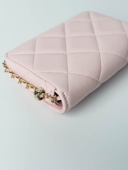 (A122) Chanel Light Pink Calf Leather Wallet with Chain, Champagne Gold Hardware