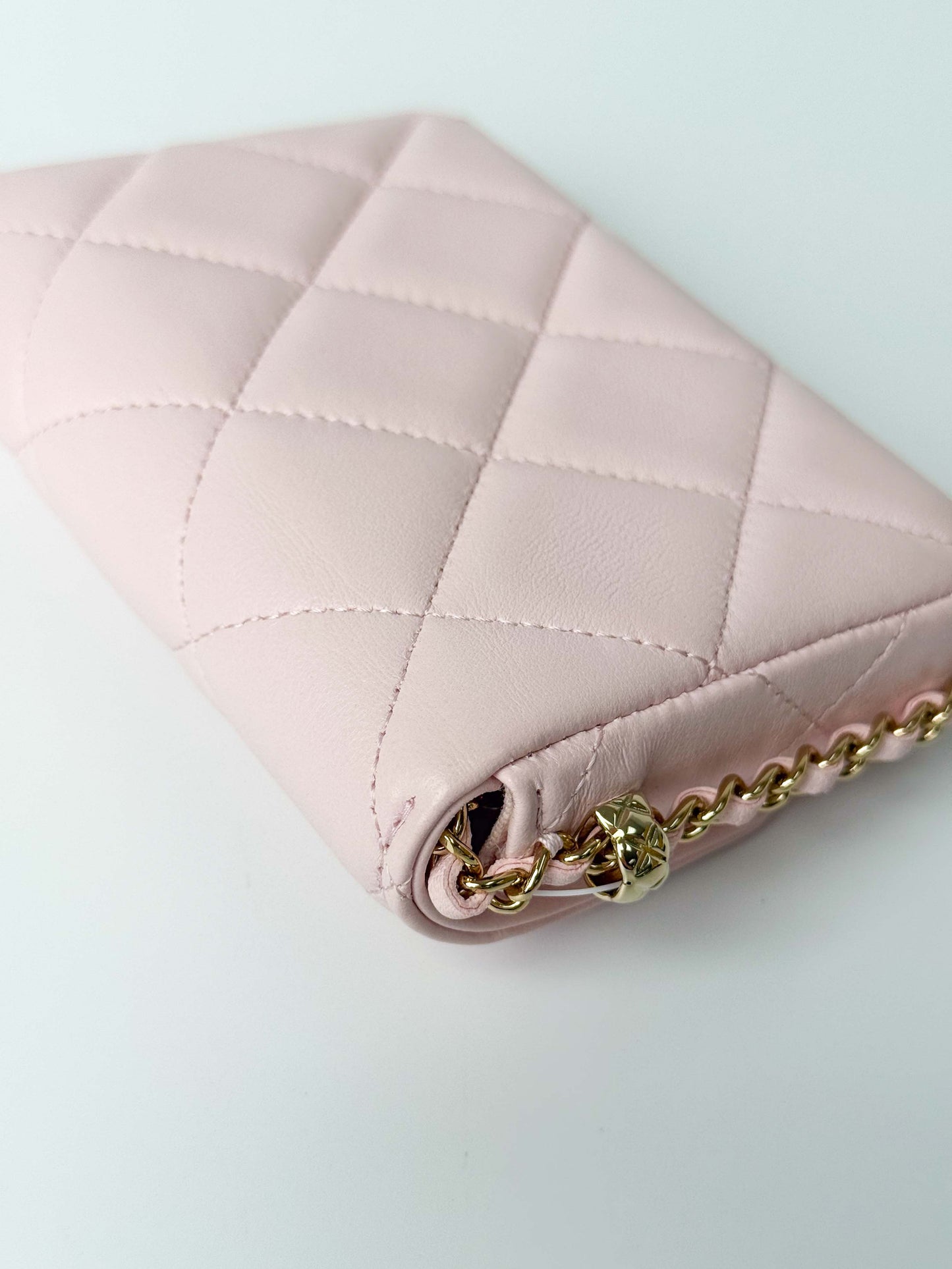 (A122) Chanel Light Pink Calf Leather Wallet with Chain, Champagne Gold Hardware