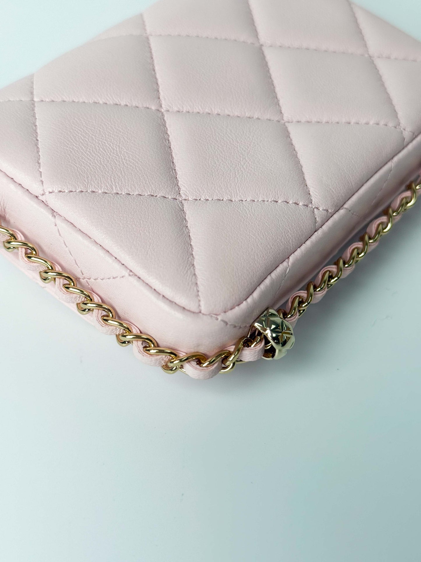 (A122) Chanel Light Pink Calf Leather Wallet with Chain, Champagne Gold Hardware