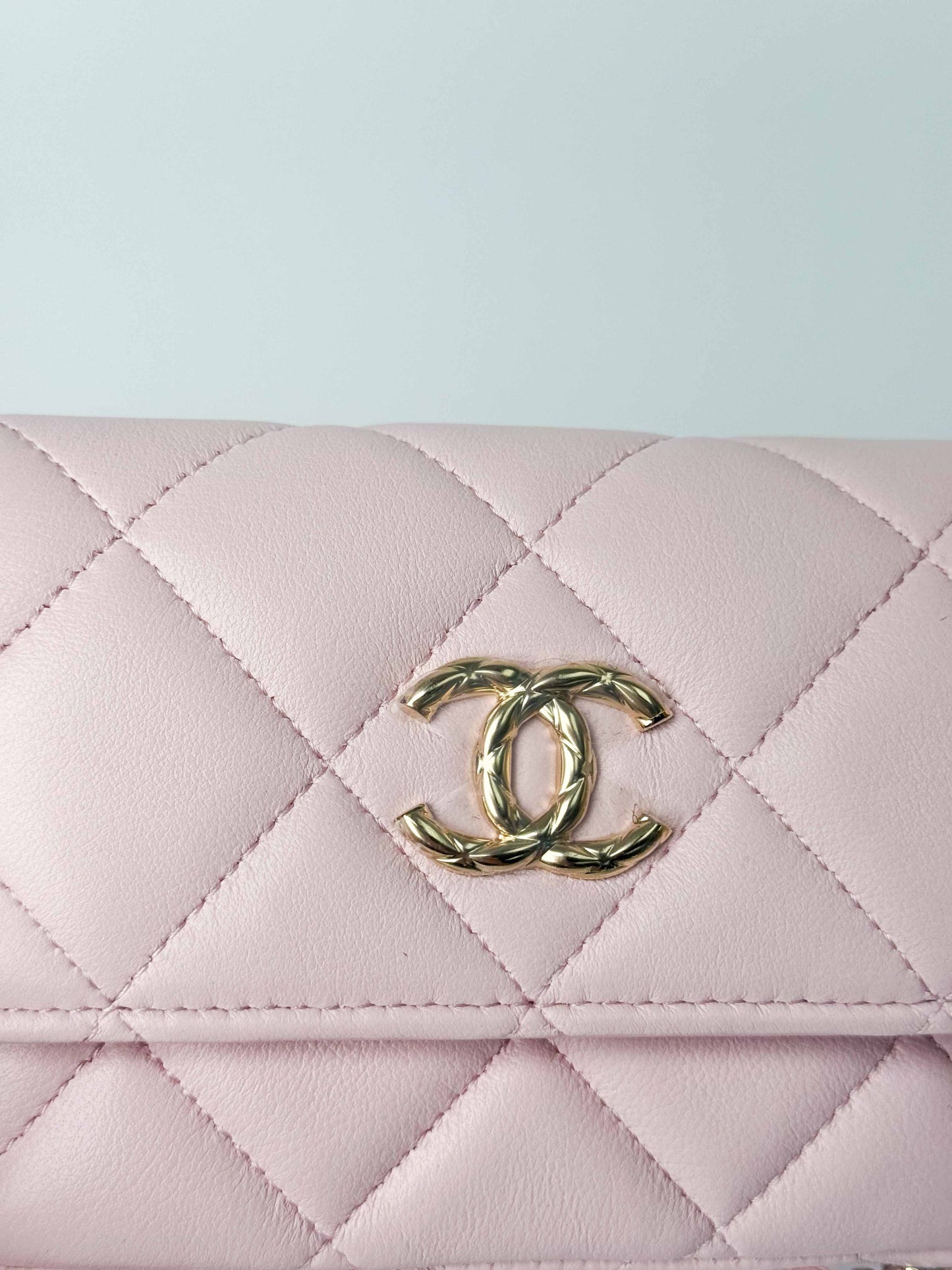 (A122) Chanel Light Pink Calf Leather Wallet with Chain, Champagne Gold Hardware
