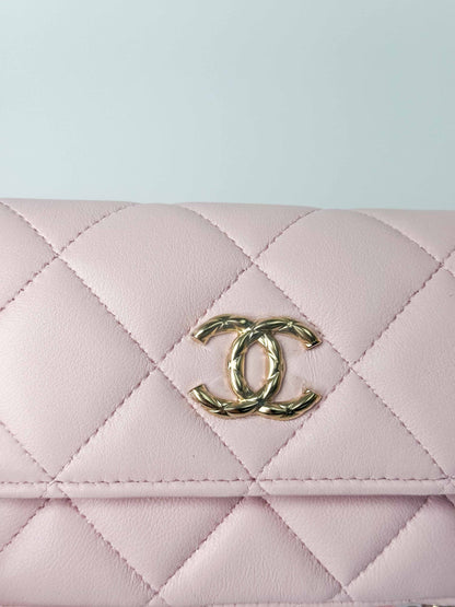 (A122) Chanel Light Pink Calf Leather Wallet with Chain, Champagne Gold Hardware