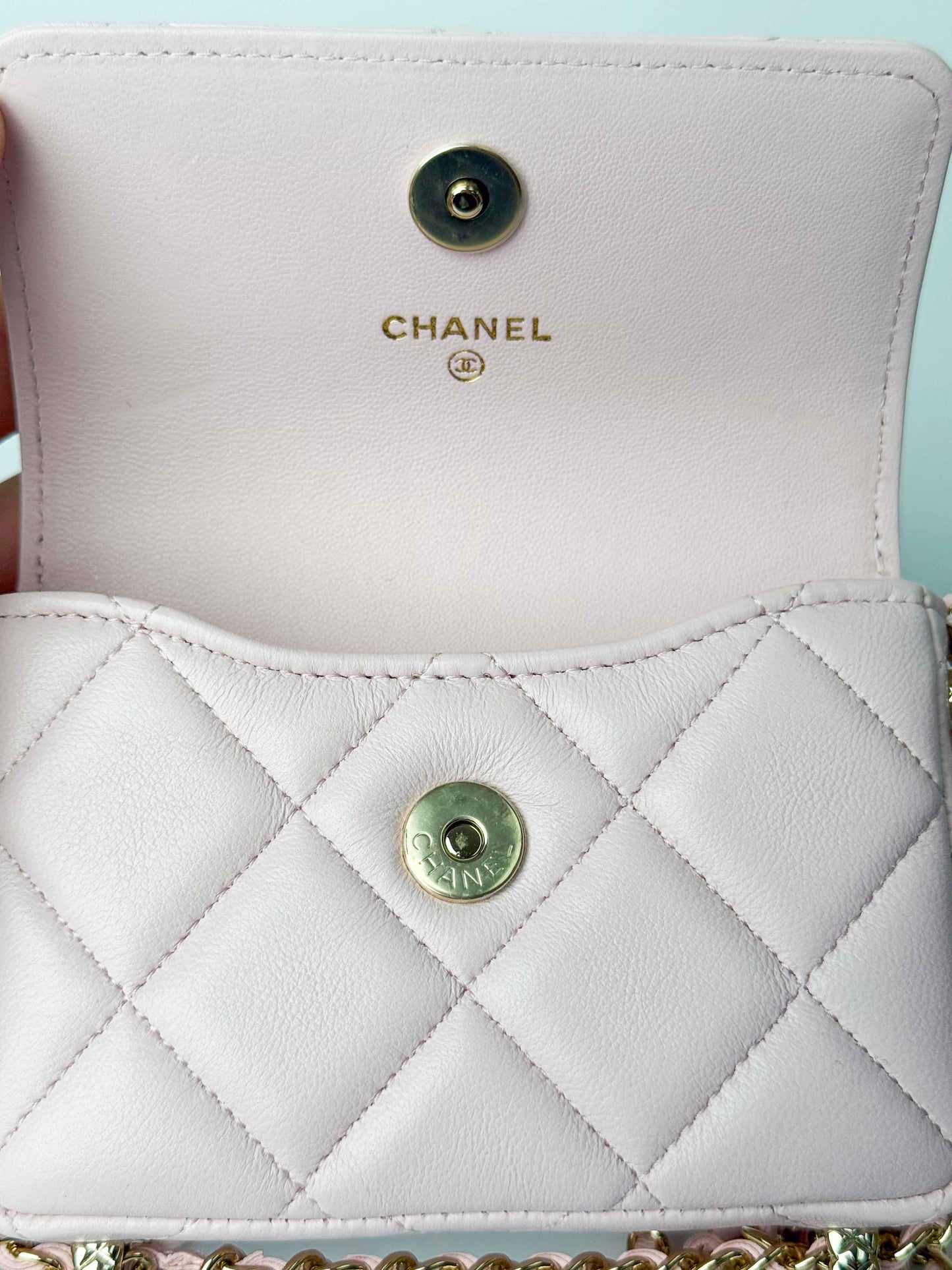 (A122) Chanel Light Pink Calf Leather Wallet with Chain, Champagne Gold Hardware