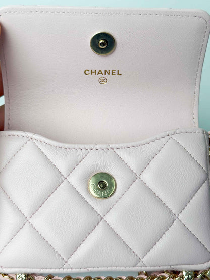 (A122) Chanel Light Pink Calf Leather Wallet with Chain, Champagne Gold Hardware