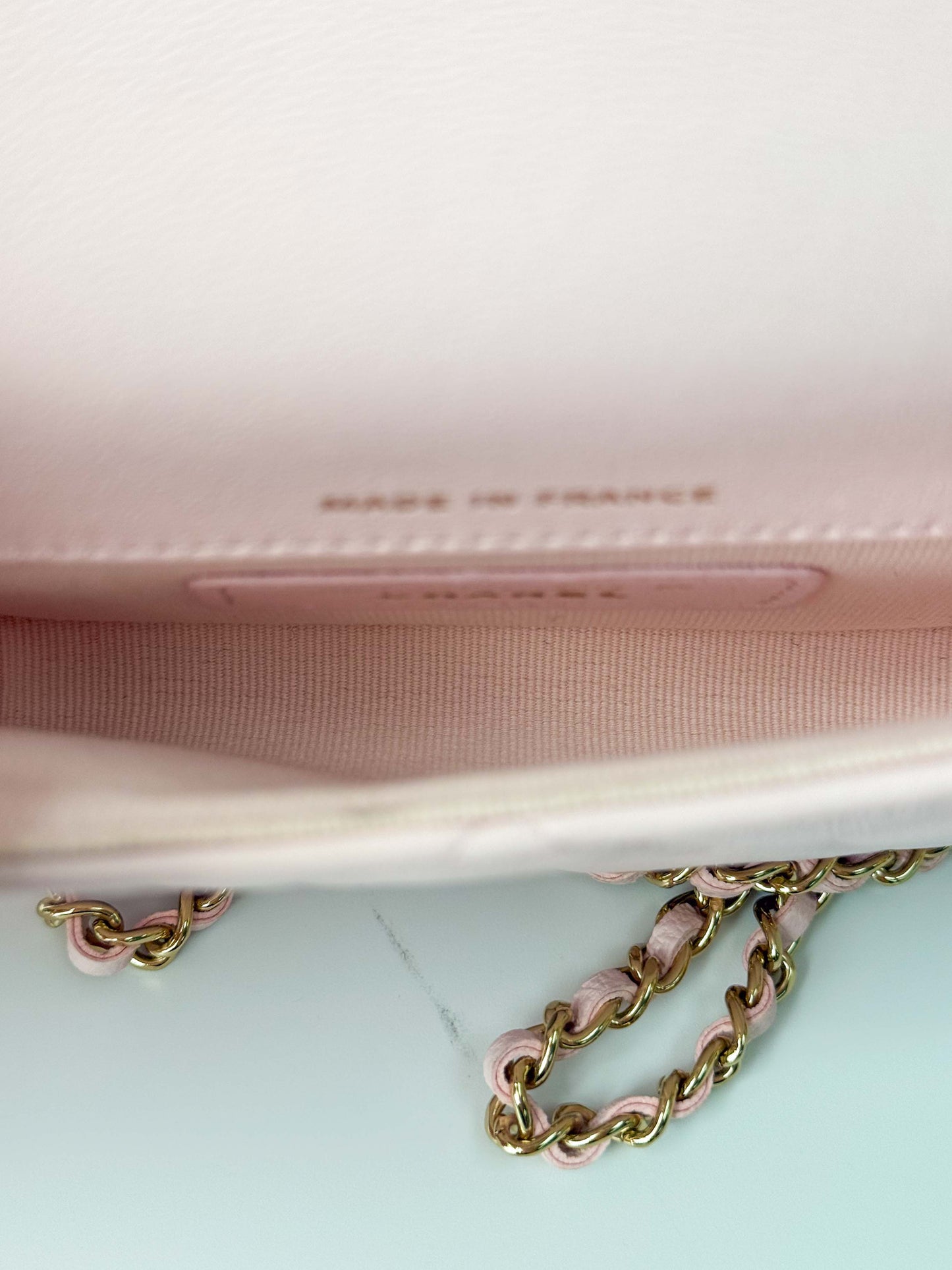 (A122) Chanel Light Pink Calf Leather Wallet with Chain, Champagne Gold Hardware