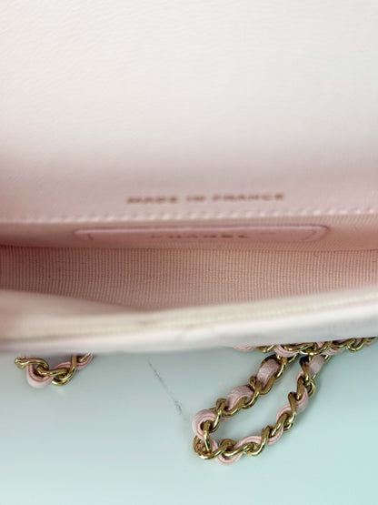 (A122) Chanel Light Pink Calf Leather Wallet with Chain, Champagne Gold Hardware
