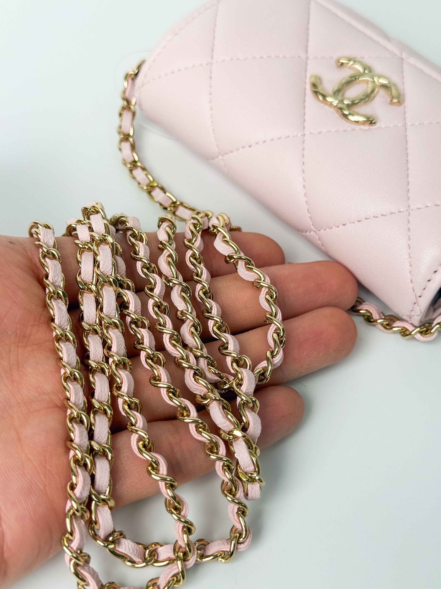 (A122) Chanel Light Pink Calf Leather Wallet with Chain, Champagne Gold Hardware