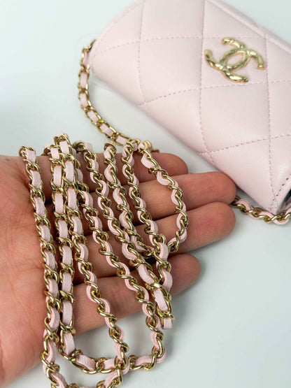 (A122) Chanel Light Pink Calf Leather Wallet with Chain, Champagne Gold Hardware