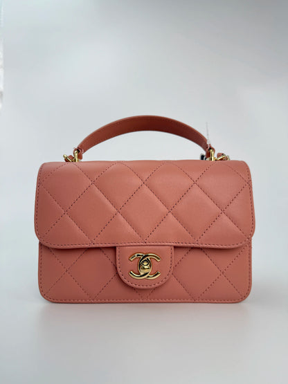 (AJ8) Chanel Pink Calf Leather Quilted Flap Bag, Champagne Gold Hardware