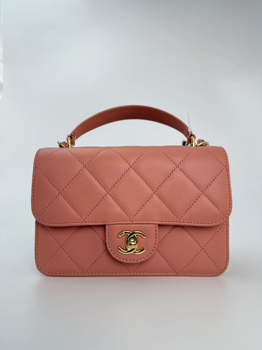 (AJ8) Chanel Pink Calf Leather Quilted Flap Bag, Champagne Gold Hardware