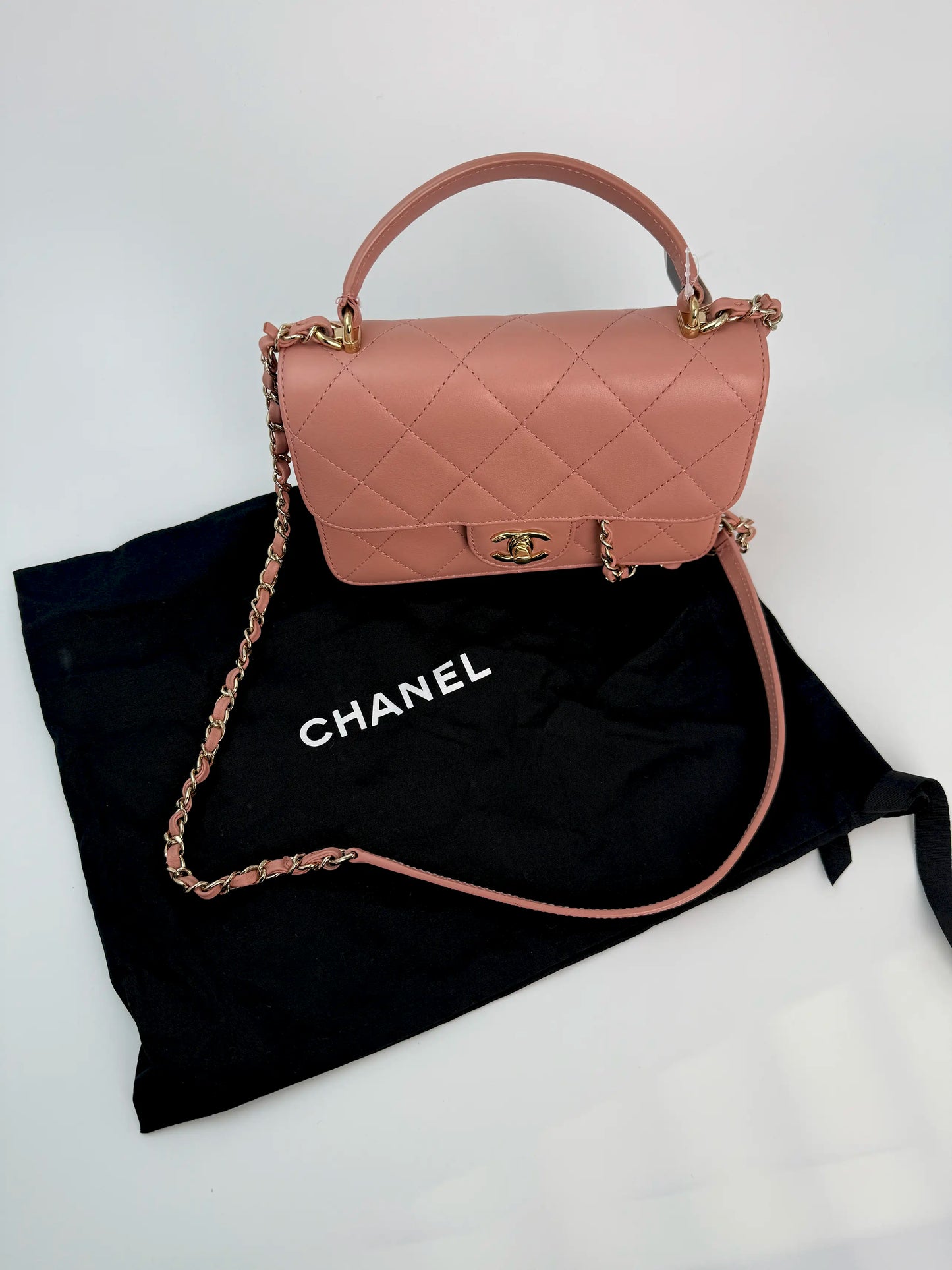 (AJ8) Chanel Pink Calf Leather Quilted Flap Bag, Champagne Gold Hardware