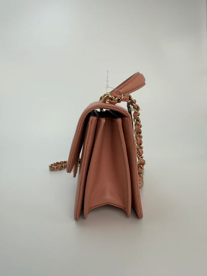 (AJ8) Chanel Pink Calf Leather Quilted Flap Bag, Champagne Gold Hardware