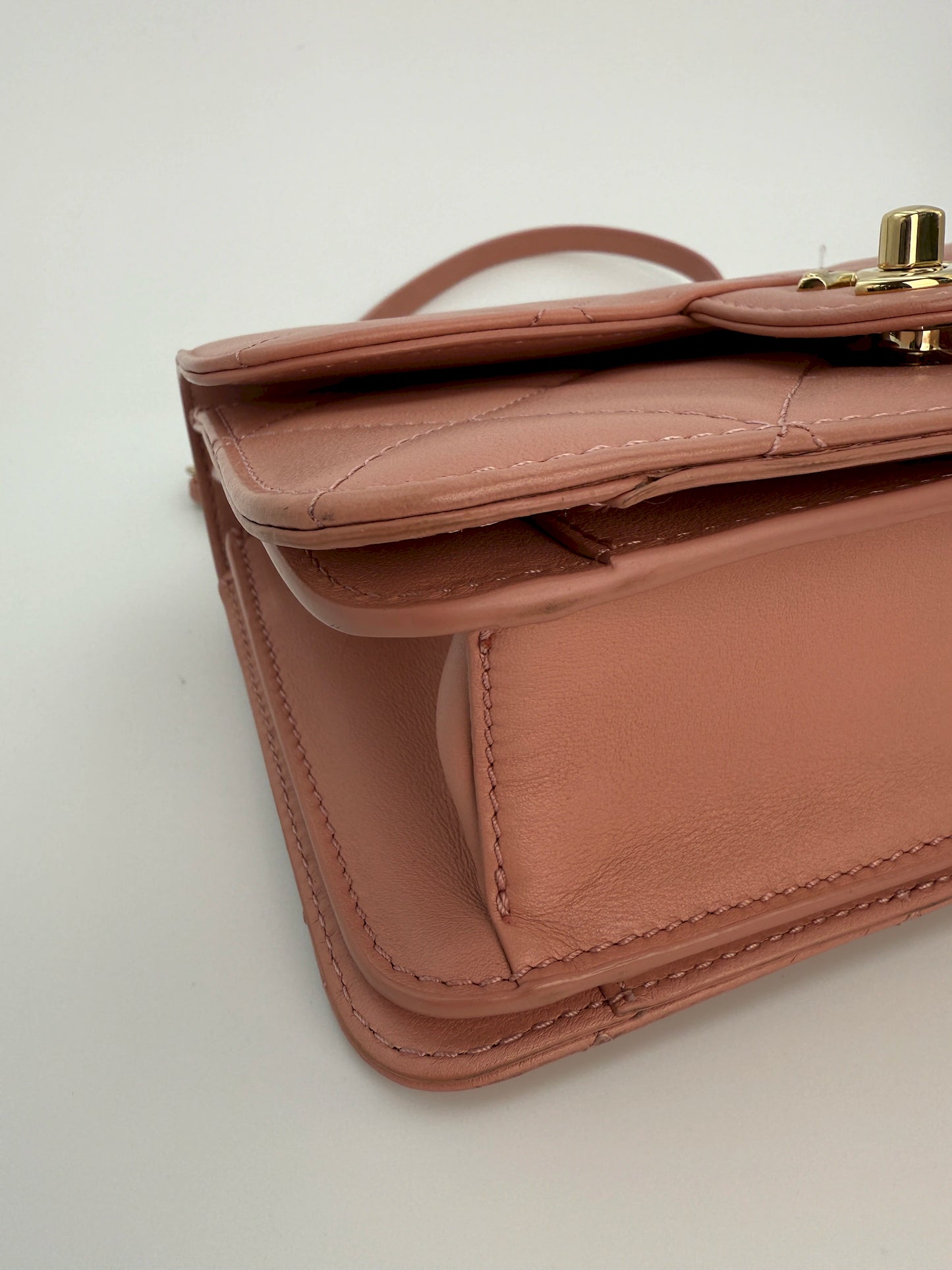 (AJ8) Chanel Pink Calf Leather Quilted Flap Bag, Champagne Gold Hardware