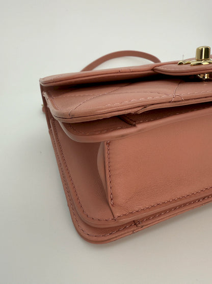 (AJ8) Chanel Pink Calf Leather Quilted Flap Bag, Champagne Gold Hardware