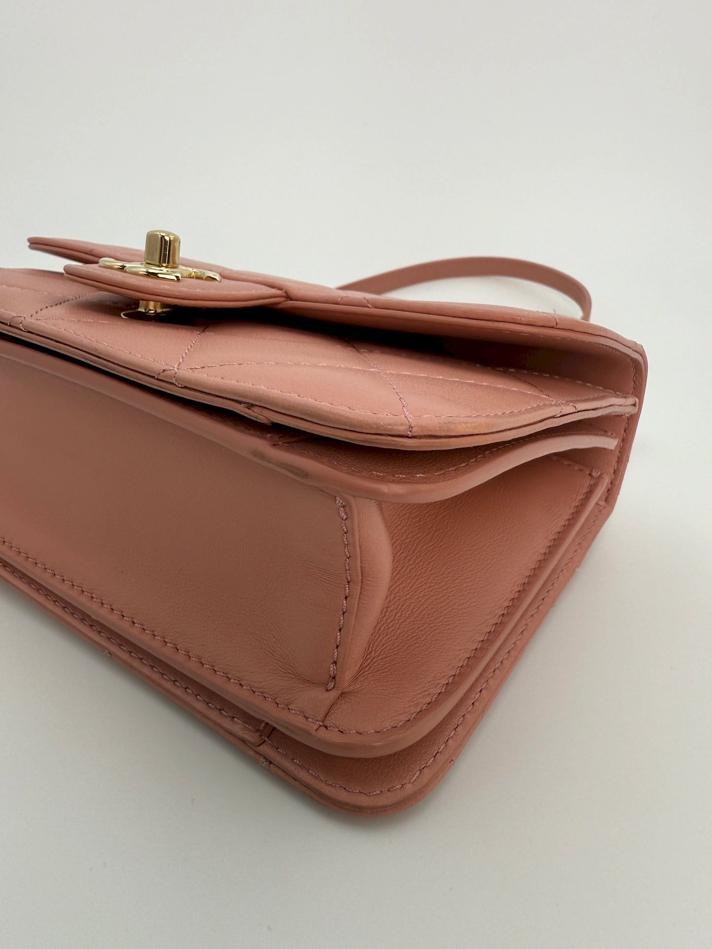 (AJ8) Chanel Pink Calf Leather Quilted Flap Bag, Champagne Gold Hardware