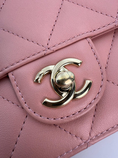 (AJ8) Chanel Pink Calf Leather Quilted Flap Bag, Champagne Gold Hardware