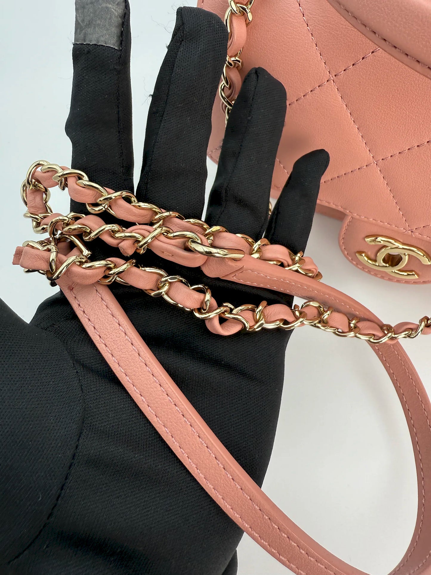 (AJ8) Chanel Pink Calf Leather Quilted Flap Bag, Champagne Gold Hardware