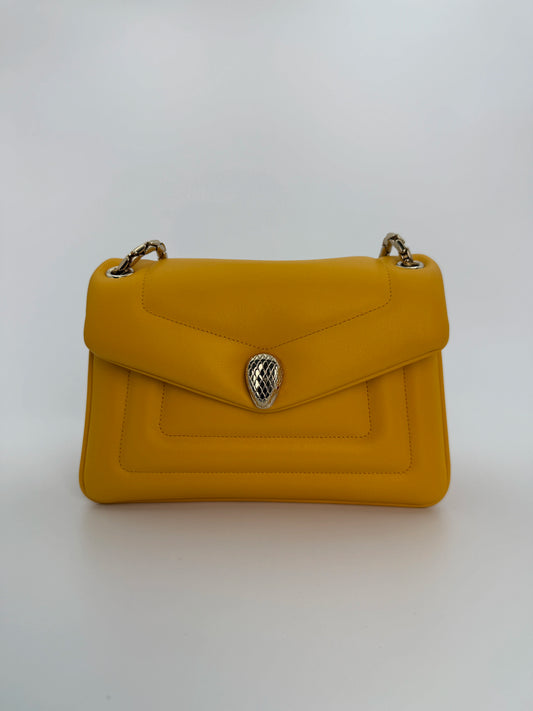 (AJ5) Bvlgari Yellow Calf Leather Serpenti Reverse Shoulder/Crossbody Bag, Champagne Gold Hardware