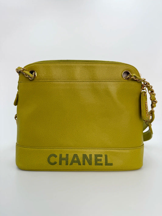 (AJ1) Chanel Vintage Logo Shoulder Bag, Lime Green Caviar, 24K Gold Plated Hardware