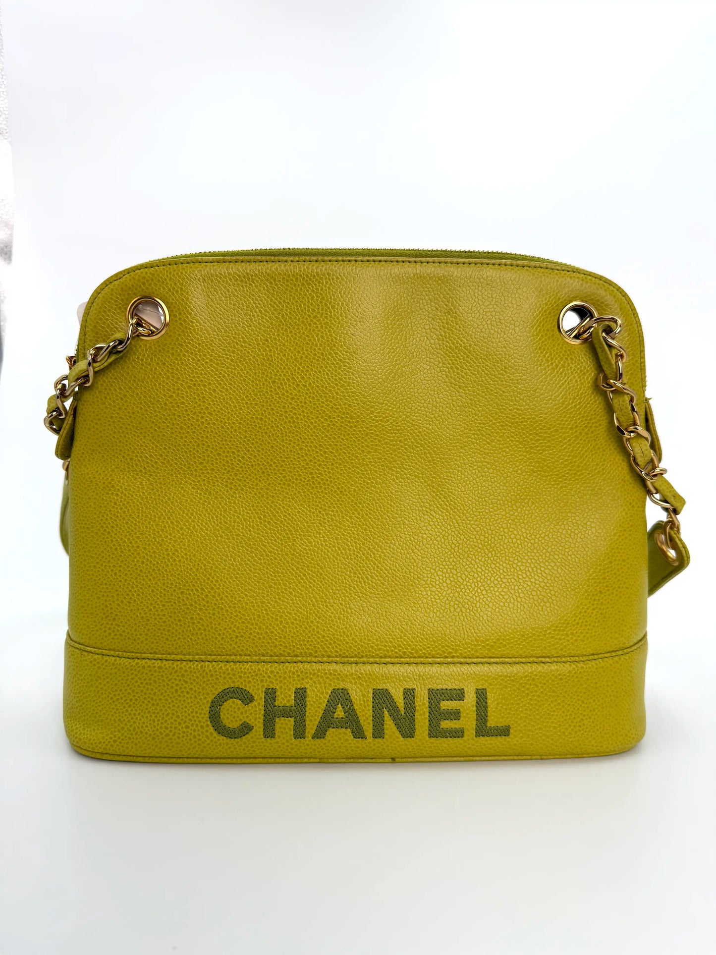 (AJ1) Chanel Vintage Logo Shoulder Bag, Lime Green Caviar, 24K Gold Plated Hardware