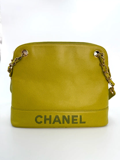 (AJ1) Chanel Vintage Logo Shoulder Bag, Lime Green Caviar, 24K Gold Plated Hardware
