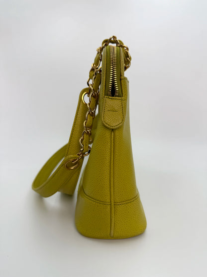 (AJ1) Chanel Vintage Logo Shoulder Bag, Lime Green Caviar, 24K Gold Plated Hardware