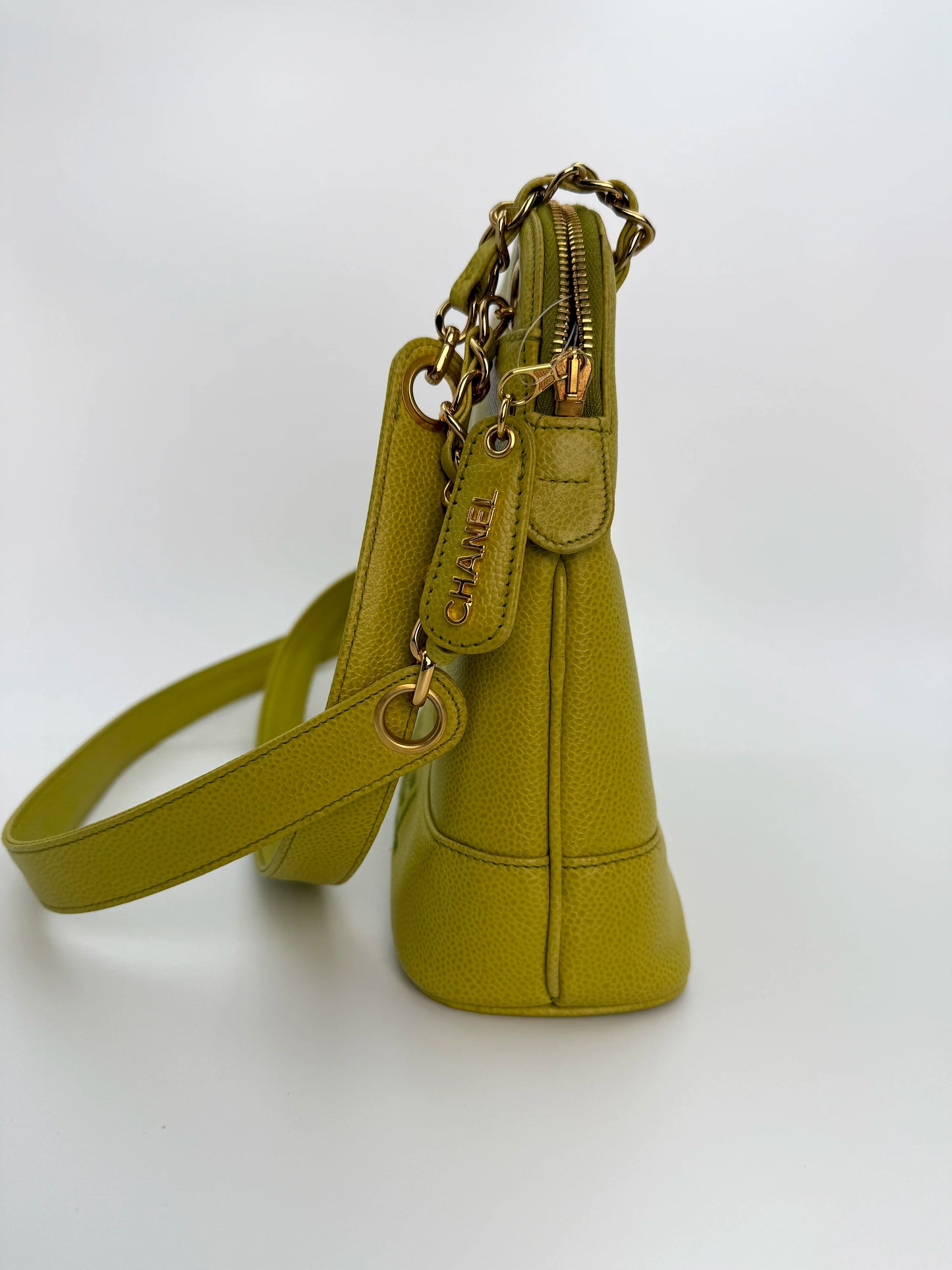 (AJ1) Chanel Vintage Logo Shoulder Bag, Lime Green Caviar, 24K Gold Plated Hardware