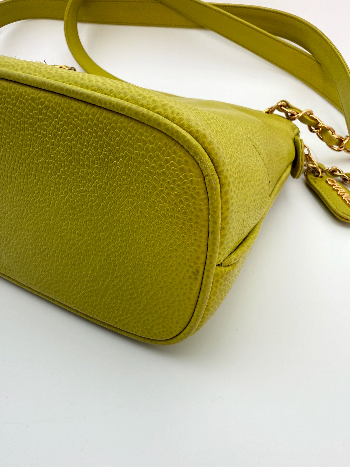 (AJ1) Chanel Vintage Logo Shoulder Bag, Lime Green Caviar, 24K Gold Plated Hardware