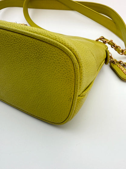 (AJ1) Chanel Vintage Logo Shoulder Bag, Lime Green Caviar, 24K Gold Plated Hardware