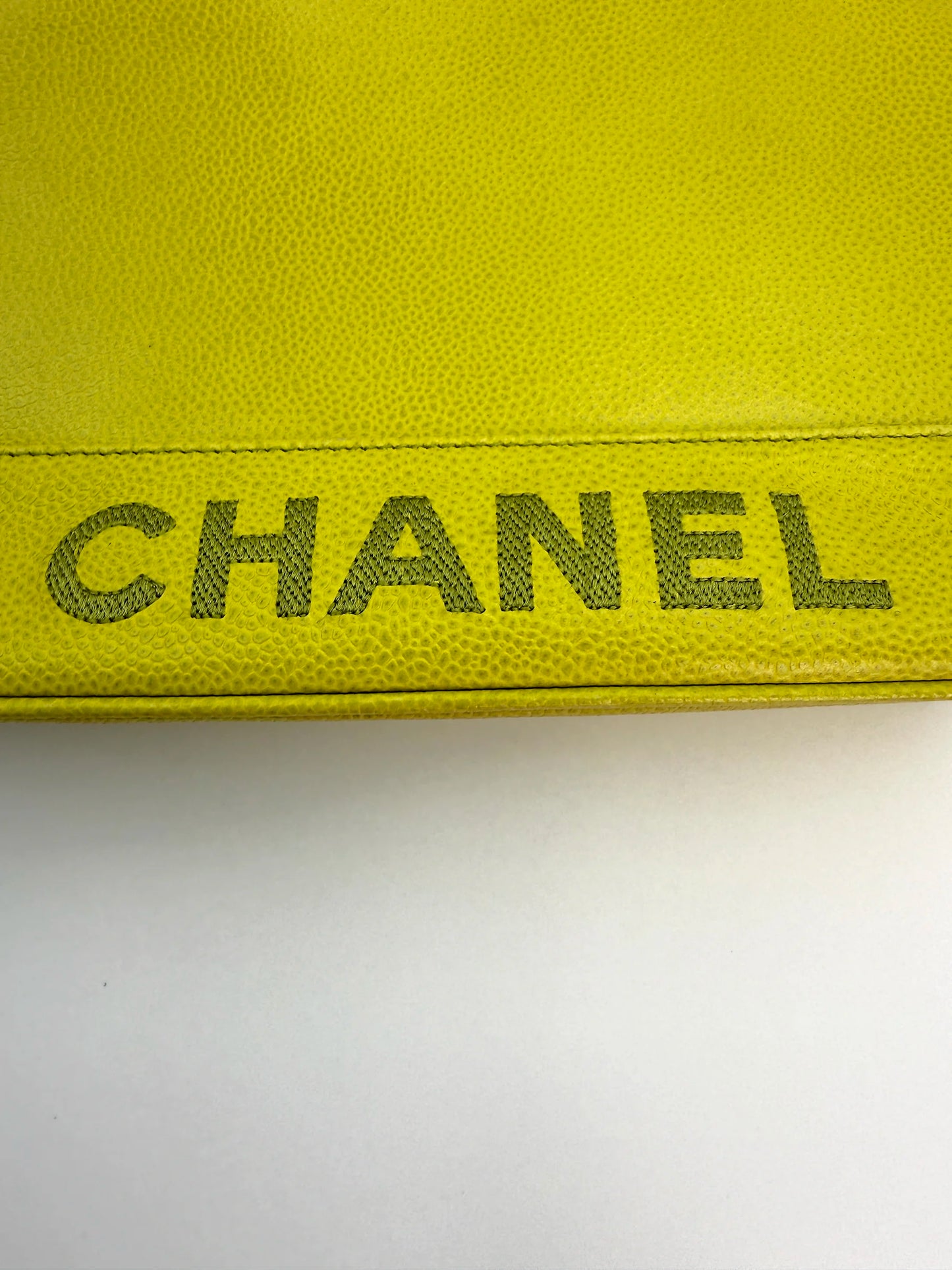 (AJ1) Chanel Vintage Logo Shoulder Bag, Lime Green Caviar, 24K Gold Plated Hardware