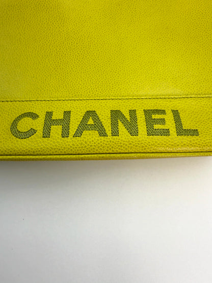 (AJ1) Chanel Vintage Logo Shoulder Bag, Lime Green Caviar, 24K Gold Plated Hardware